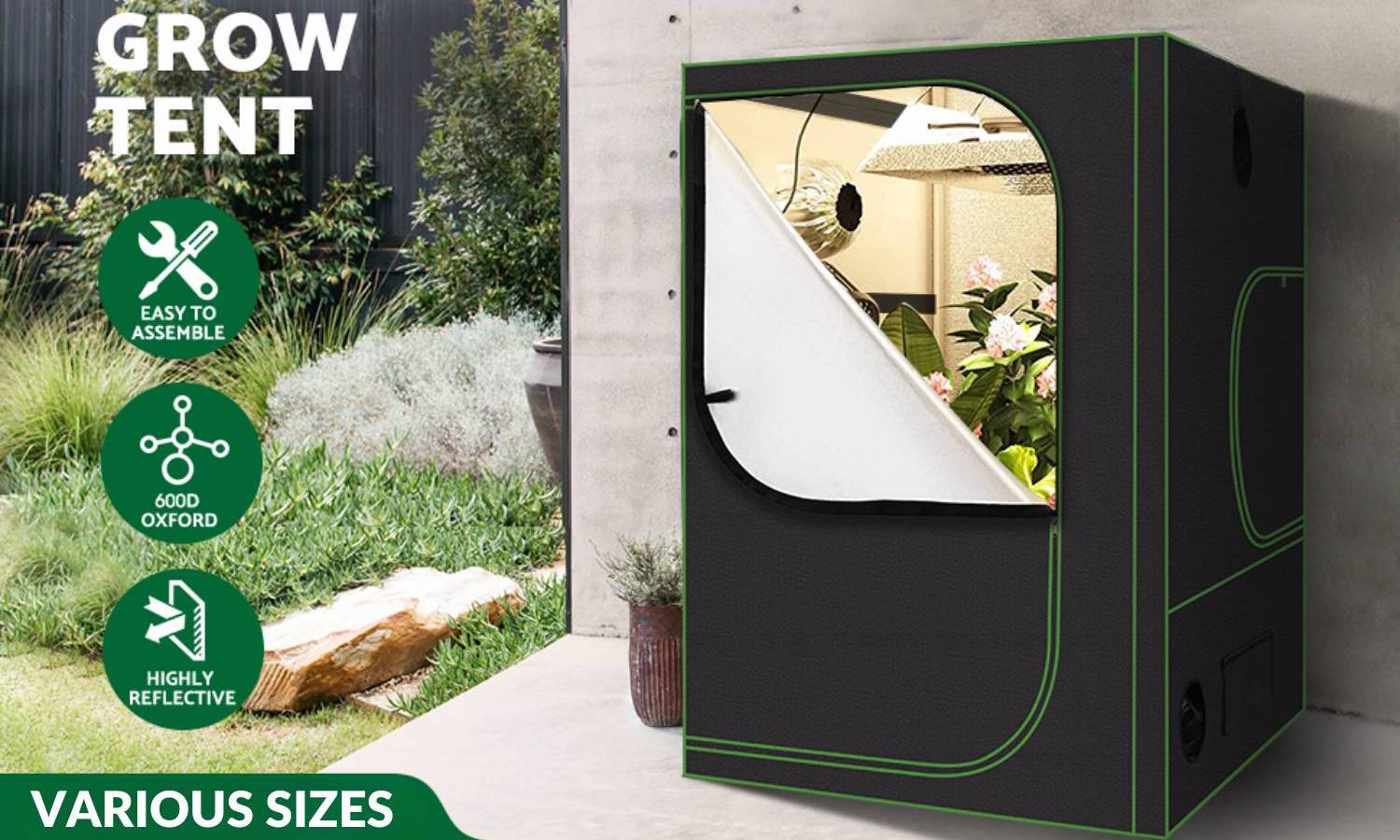 An indoor grow tent set up with its vent ports open